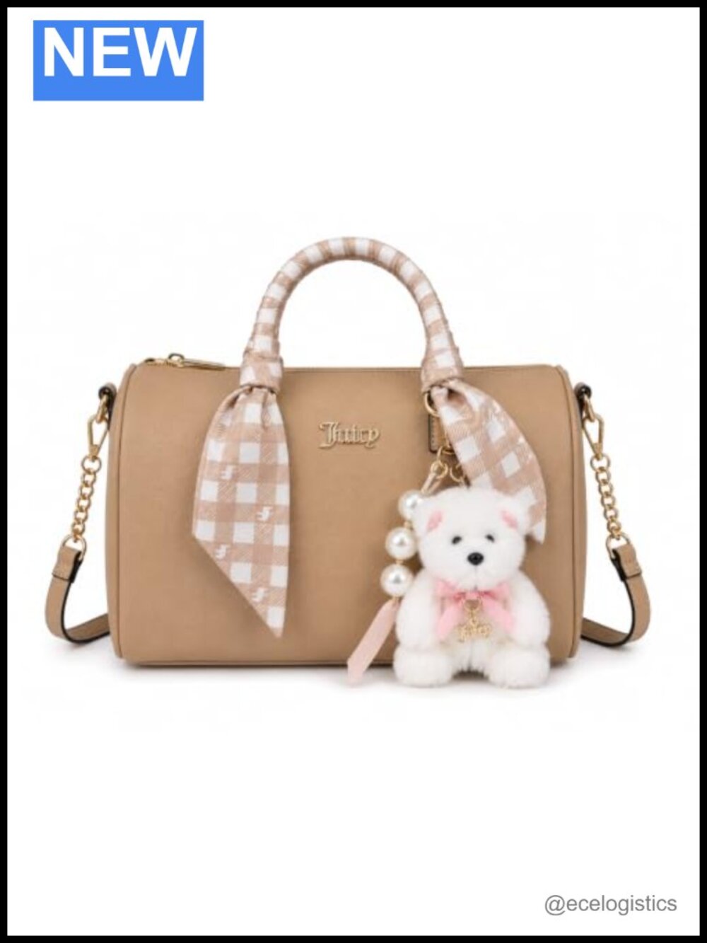 Juicy Couture Faux Leather Furry Scarf Satchel Handbag with Fluffy Bear Charm